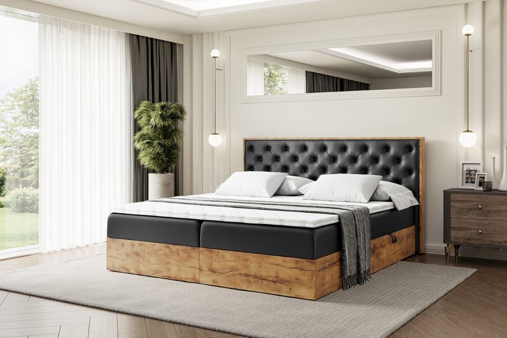 ALTDECOR Boxspringbett mit Eiche Holz LOLLI3 mit H4-Matratze, Kopfteil und Bettkasten - 160x200 - Schwarz Kunstleder