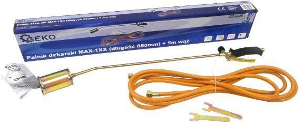 A gas torch kit with its packaging and accessories laid out on a white background.