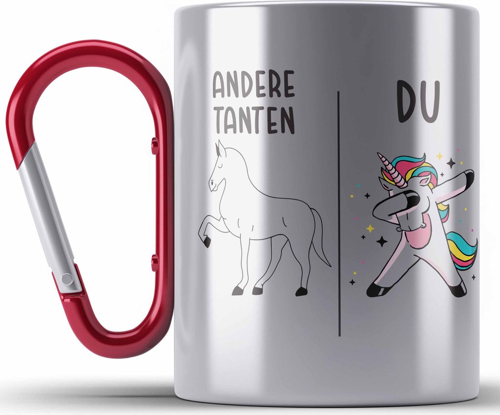 Trendation - Beste Tante Geschenk Edelstahl Tasse Karabiner mit Spruch Karabiner Edelstahl Tasse Karabiner Edelstahl für Tante (Rot)