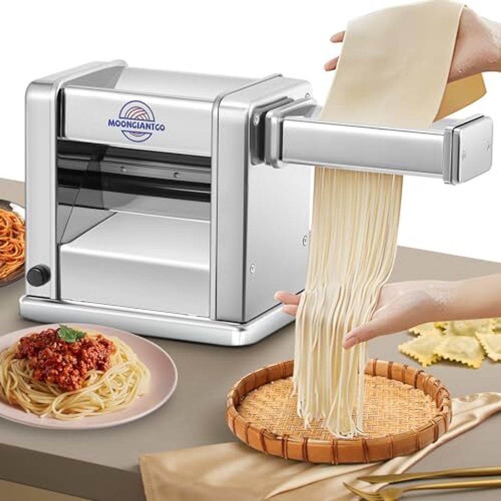 Moongiantgo Electric Pasta Machine Edelstahl 3 abnehmbare Klingen 2 mm/4 mm/6,5 mm Pasta, Ravioli, 7-Stufe Dicke-Einstellung, Heimgebrauch