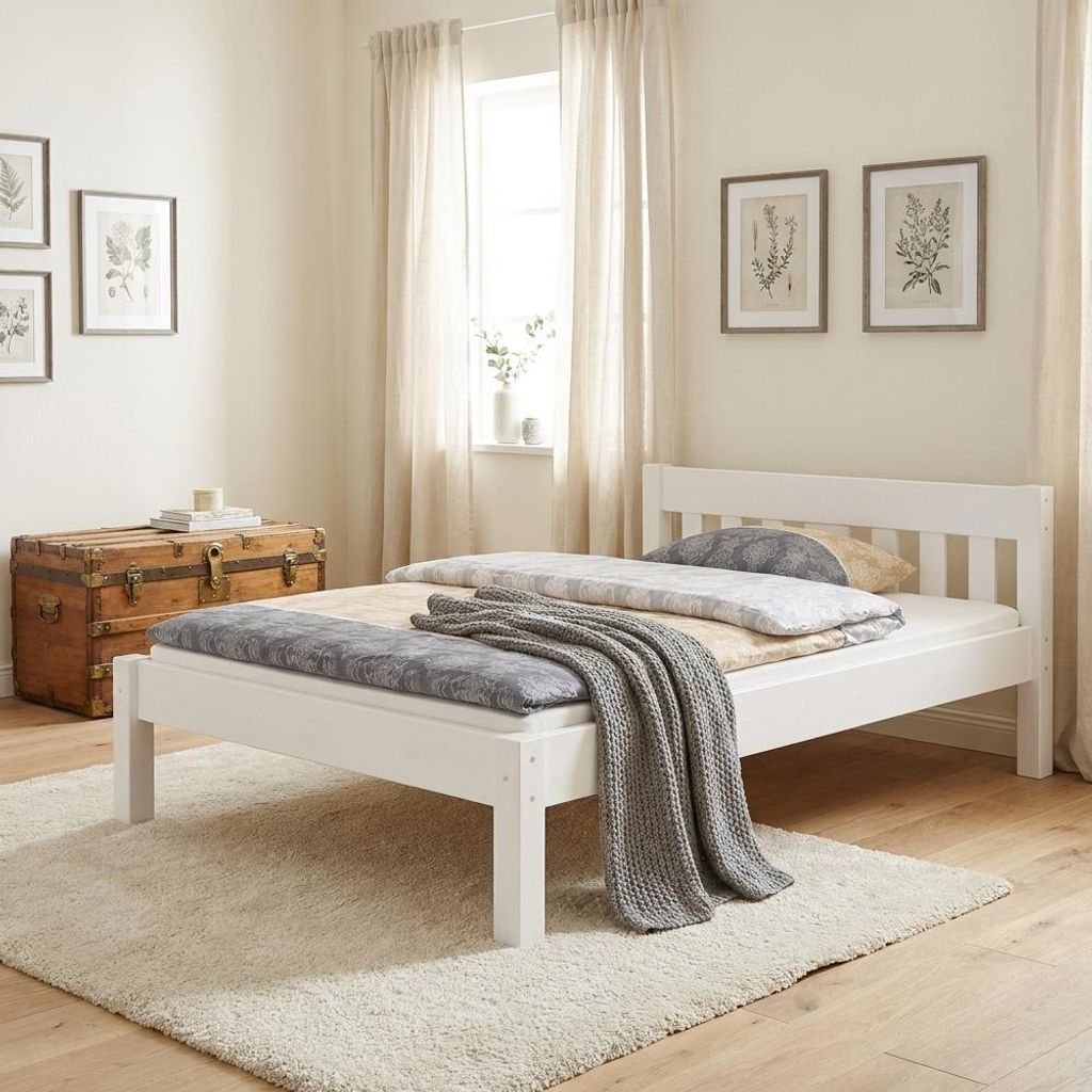 Futonbett Doppelbett 140x200 Doppelbett Massivholzbett weiß Produktbild 