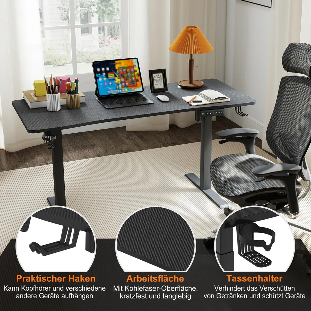 VA-Cerulean scrivania regolabile in altezza 140 x 60 cm scrivania per computer in piedi, scrivania da gioco scrivania per ufficio scrivania per computer portatile scrivania con vassoio per la gestione dei cavi e gancio per le cuffie (nero) - 5
