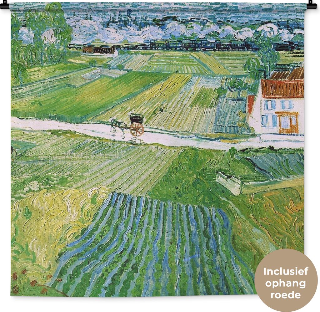 MuchoWow Wandteppich Wandbehang Landschaft mit Kutsche und Zug - Vincent van Gogh 150x150 cm Tapisserie Dekoration Wandtuch - Wohnaccessoires - M...