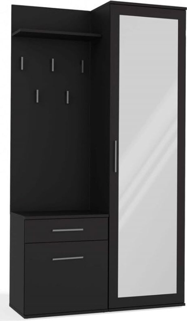 BDW Set Duo-Garderobe mit Spiegel, Kleiderschrank, Schwarz, 180x100x35cm