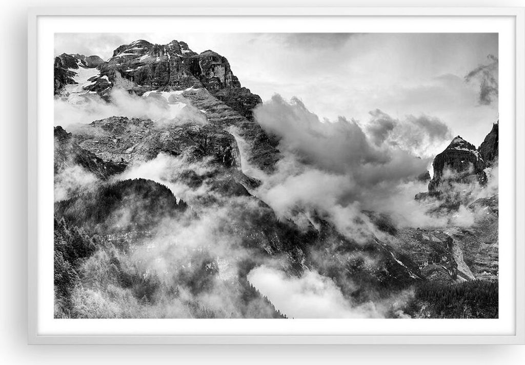 Gerahmtes Poster - Weißer Rahmen - Berge Nebel Gipfel - 91,5x61 cm - Wand Bild - Wanddeko - Wandbilder - Kunstposter - Wandposter - Bilderrahmen -...