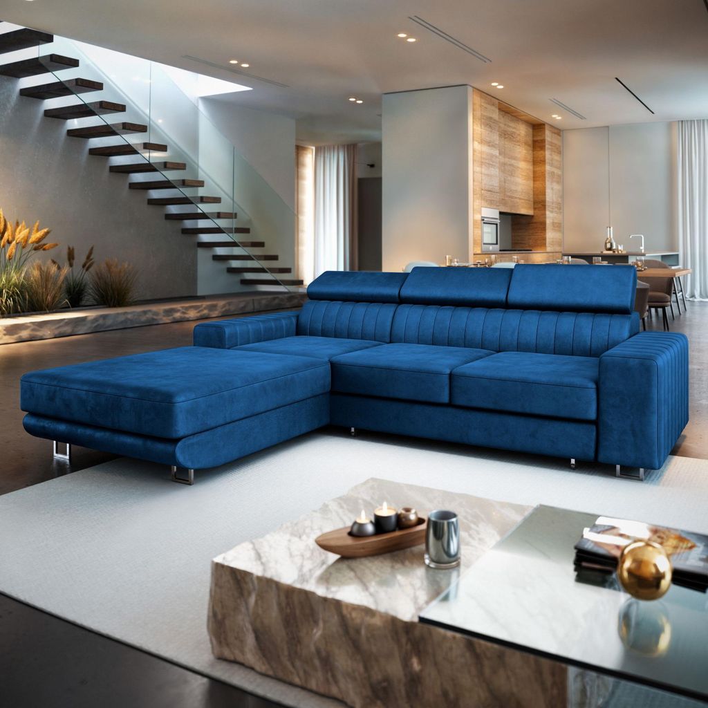Masseno Ecksofa NOTO L-S mit Schlaffunktion L-Form, Sofa mit Bettkasten, Wohnzimmersofa, Couch, Soffa, Bettsofa, Couchgarnitur- Blau, MONOLITH 77