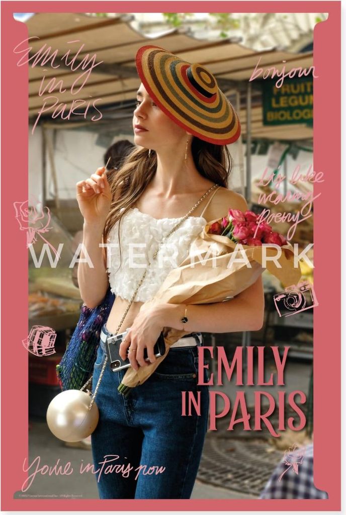 Spreadshirt Emily In Paris Emily Mit Hut Und Blumenstrauß Poster 60x90 cm, One size, Weiß