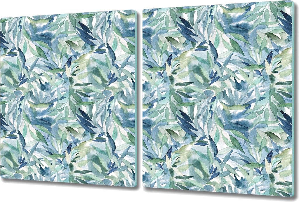 Glas-Herdabdeckplatte Glaskeramikkochfeld-Abdeckung Spritzschutz - 2x 40x52 cm - Blaue Grüne Blätter