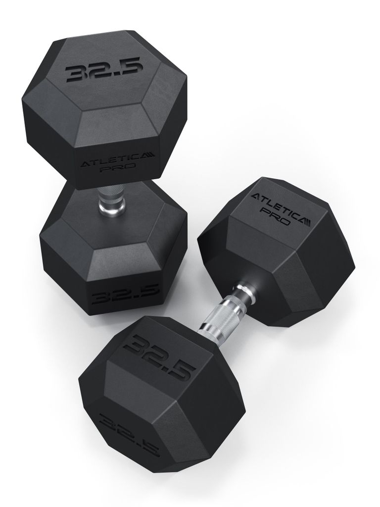 ATLETICA Hexagon Hanteln PRO | 2x32.5kg | Paarweise | Stoßdämpfende CPU-Ummantelung höchster Qualität | Für Drops geeignet | Hartverchromter G...