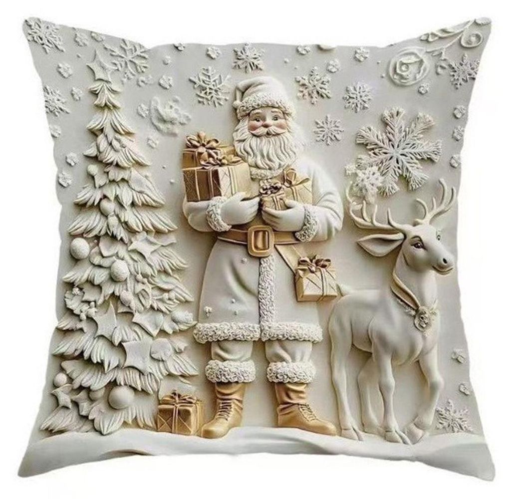 1/4 Stück 45x45 cm Weihnachtskissenbezug aus Leinen mit Weihnachtsmann, Schneemann, Rentier und Weihnachtsbaum, quadratischer Kissenbezug für Woh...