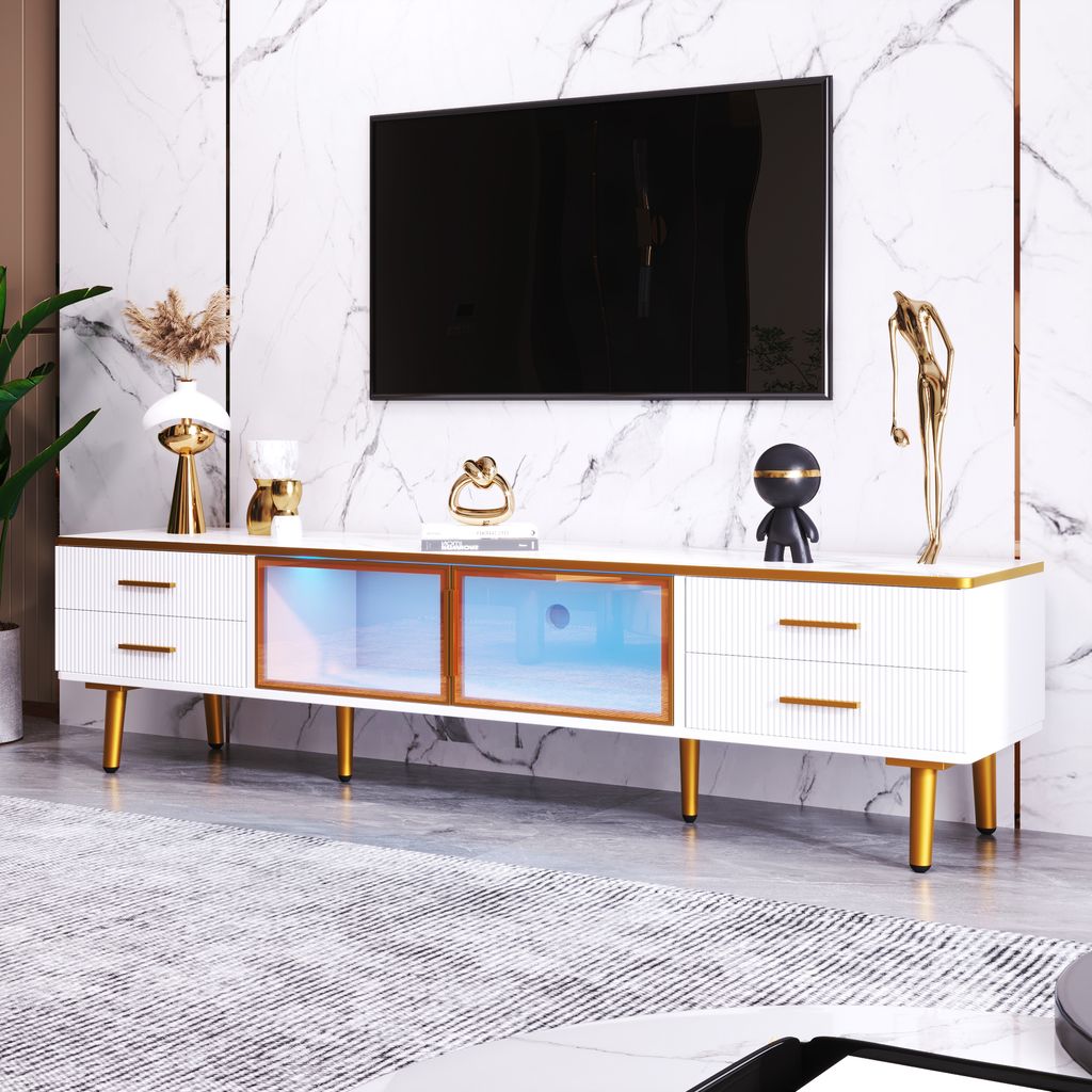 Merax Lowboard TV Schrank Marmoroptik Fernsehtisch mit 7 Farben LED-Beleuchtung inkl. Fernbedienung, TV-Schrank aus Holz mit Glastüren und 4 Schub...
