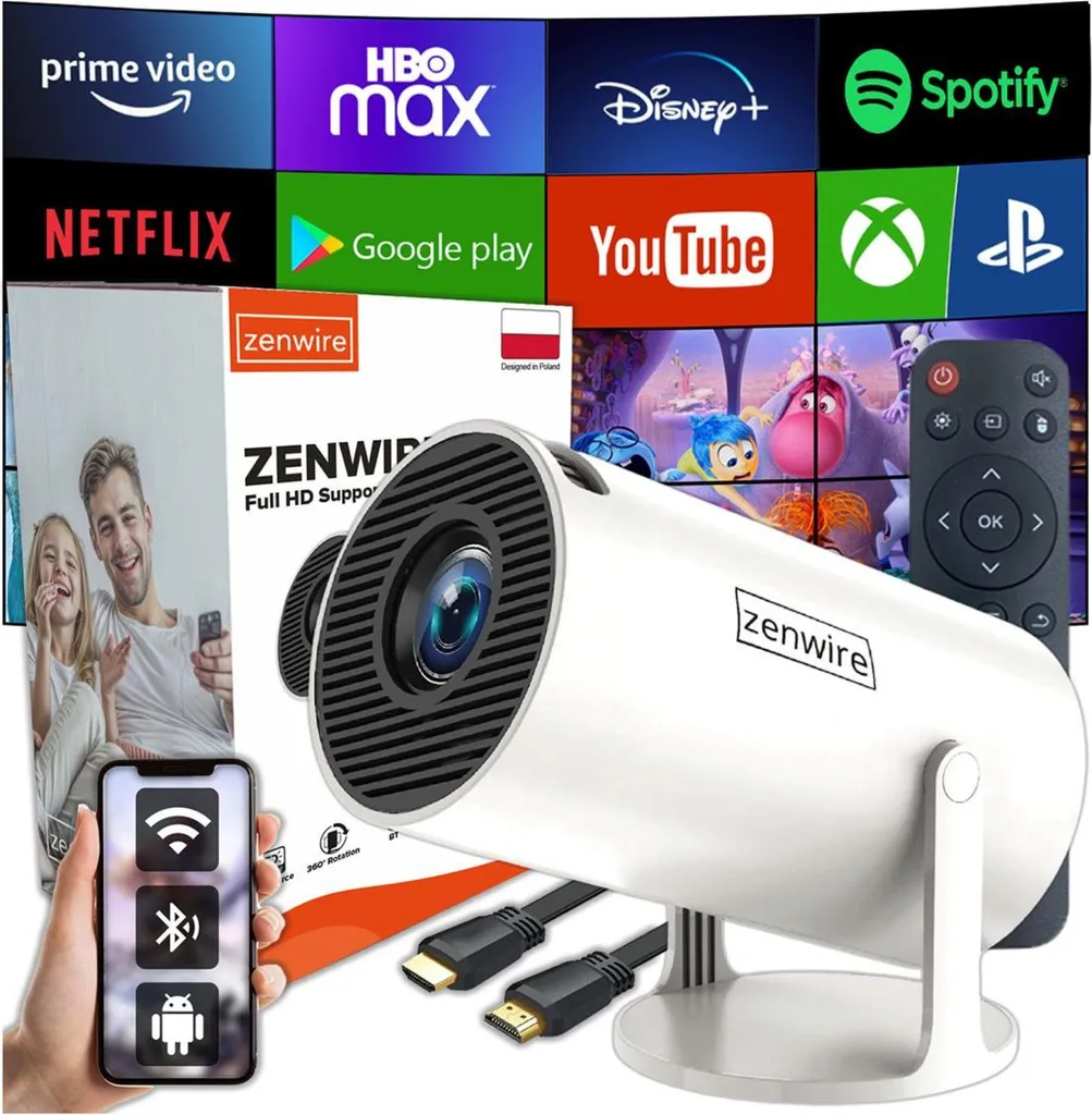 Mini proiettore portatile - Android 13 - WLAN - Proiettore ruotabile - Full HD 4K - Bluetooth - Autokeystone 4d