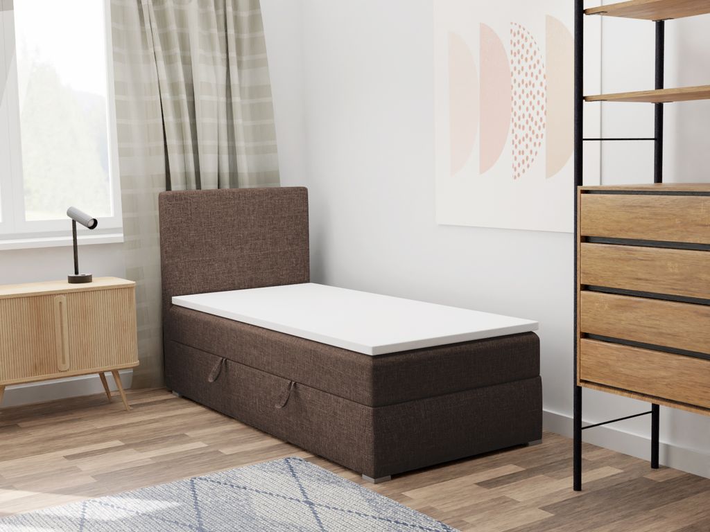 FEDVE Boxspringbett Einzelbett KOLORADO MINI mit Bettkästen Jugendbett mit Bonell-Matratze und Topper 90x200 Links