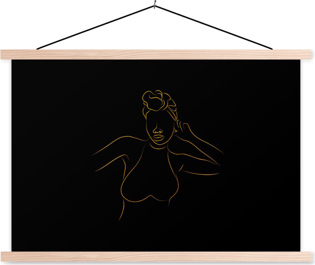 MuchoWow Textilposter Frau - Schwarz - Gold - Strichzeichnung 120x80 cm mit holzfarbenen Rahmen - Aufhängeset