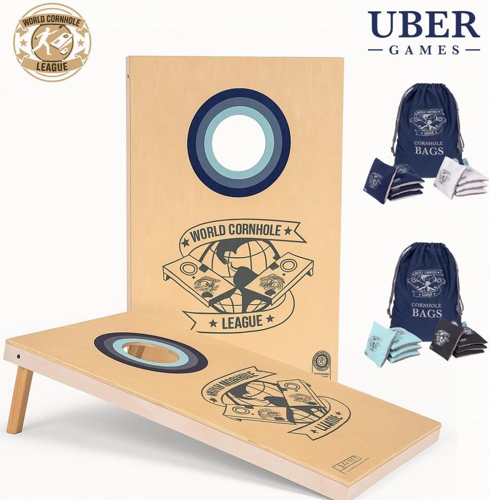 World Cornhole League – 90 x 60 cm großes Doppelbrett-Set - 100% Holz - 16 Bean Bags - Profi - Ubergames