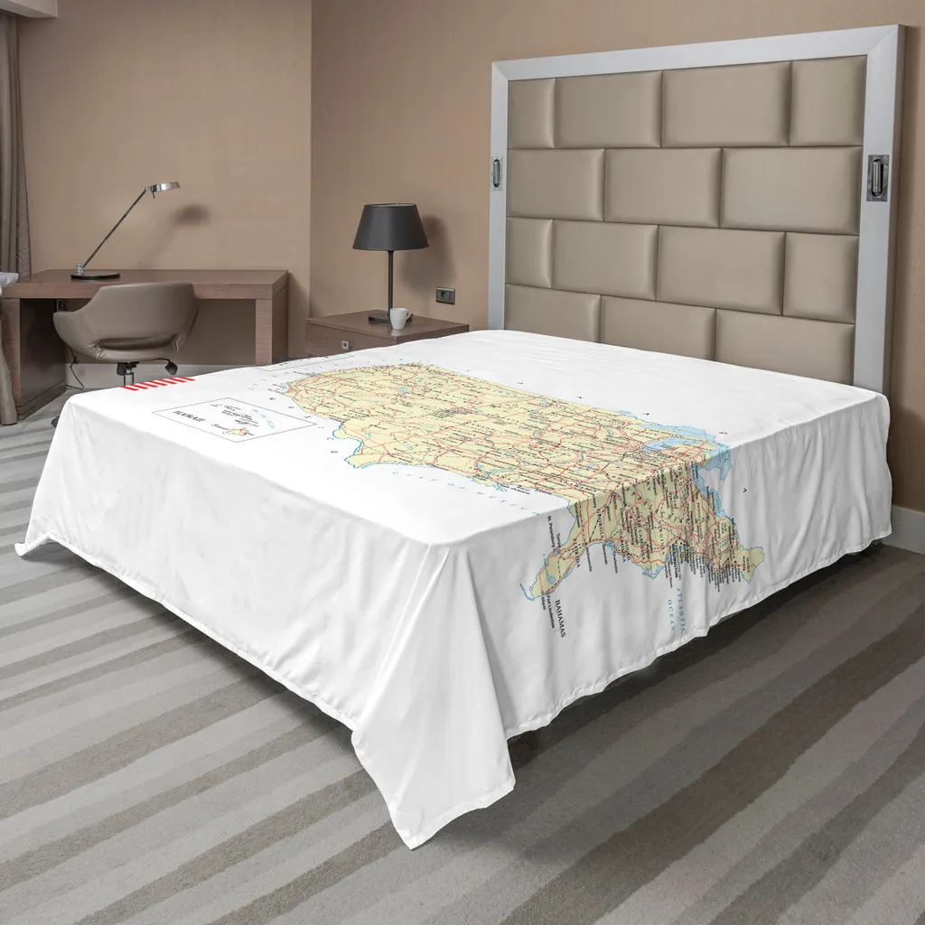 Drap plat décoratif Voyage USA pour lit King Size 275 cm Ivoire Bleu
