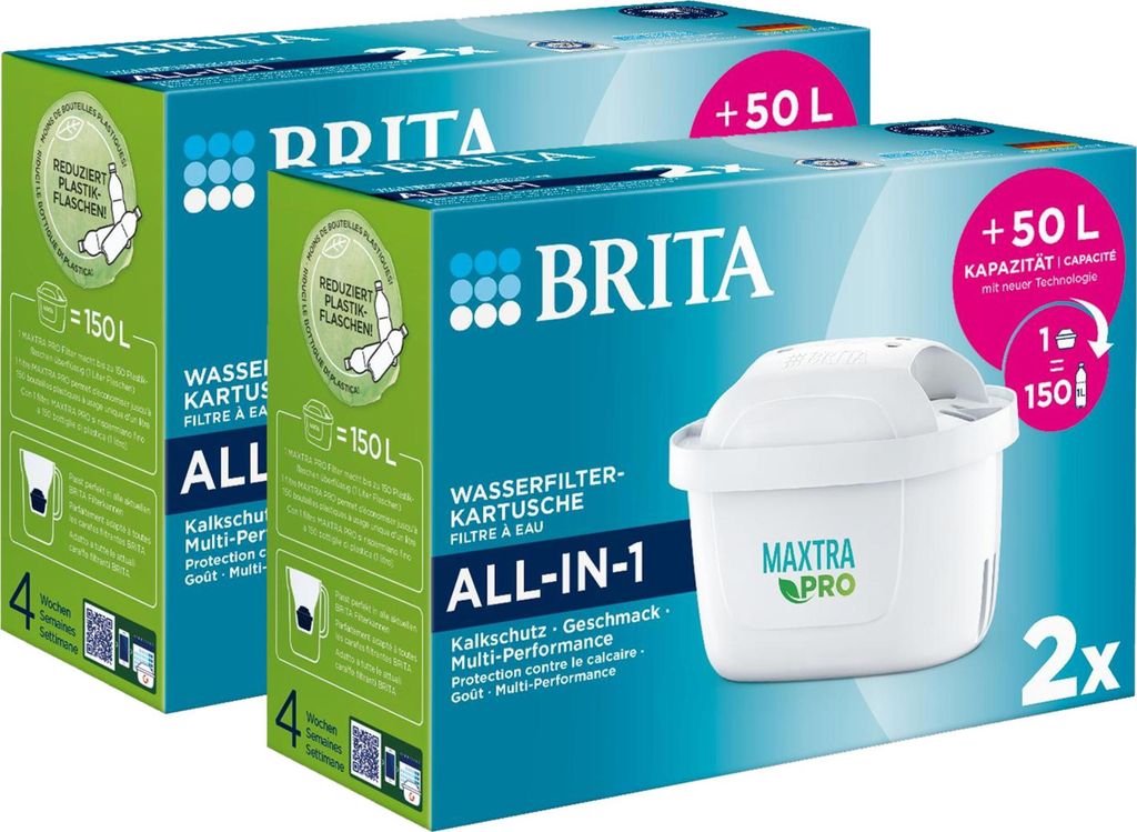 Two boxes of Brita water filter cartridges are shown, with one box in the foreground and the other slightly behind and to the left.