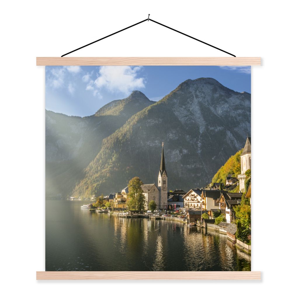 MuchoWow Textilposter Die Sonne scheint auf Hallstatt in Österreich 40x40 cm mit holzfarbenen Rahmen - Posterleiste