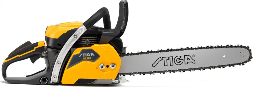 A yellow and black Stiga chainsaw is shown against a white background.