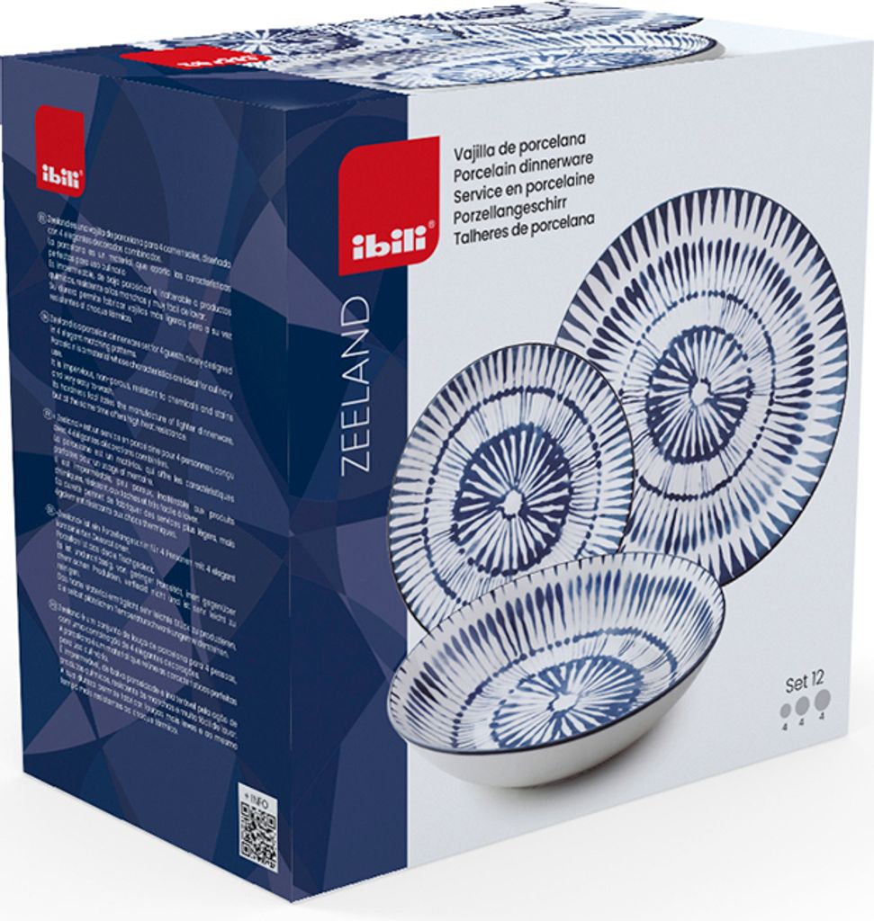 Ibili Zeeland Geschirrset, Porzellan, 12-teilig, weiß/blau