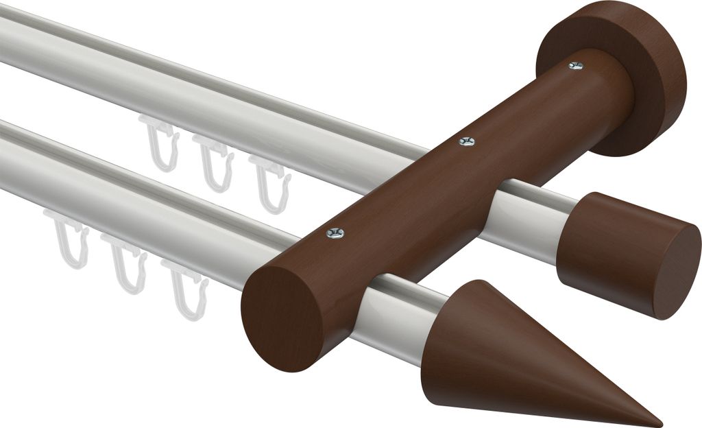 Interdeco Innenlaufstange / Gardinenstange mit Innenlauf Weiß / Nussbaum lackiert, Typ Talent Siveo (Kegel), 20 mm Ø 2-läufig, 140 cm