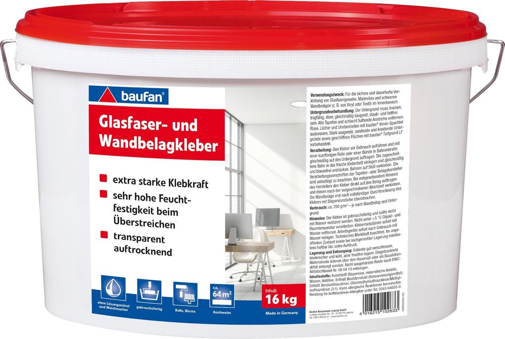 A white plastic bucket with a red lid, containing adhesive for wallpaper and fiberglass.