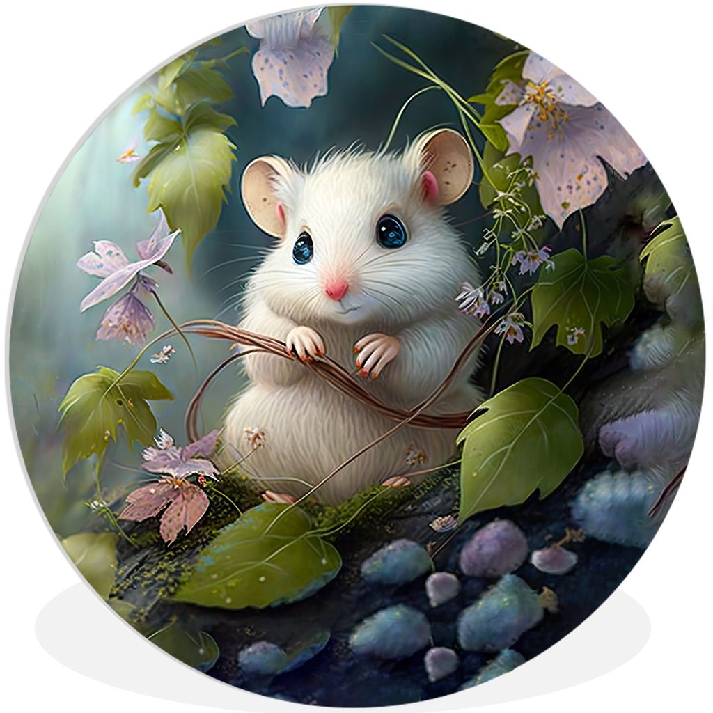 MuchoWow Rundes Wandbild - Runde Bilder Maus - Wald - Blumen - Illustration - Waldtiere Ø 60 cm Kreis Wanddekoration Kunststoff - Wandkreis - Wa...