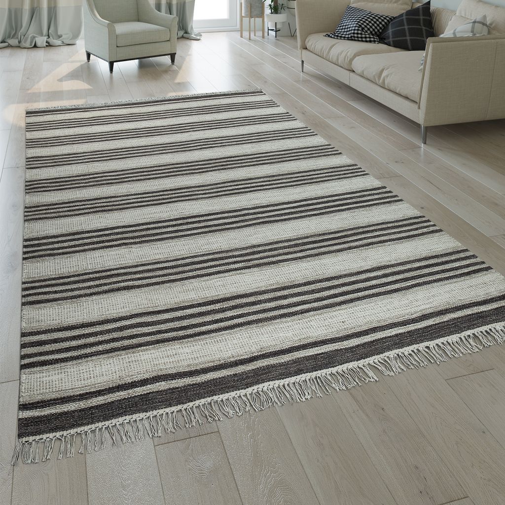 Natur Teppich Wolle Modern Handgewebt Gestreift Kelim Design Fransen Creme Braun Grösse 60x110 cm