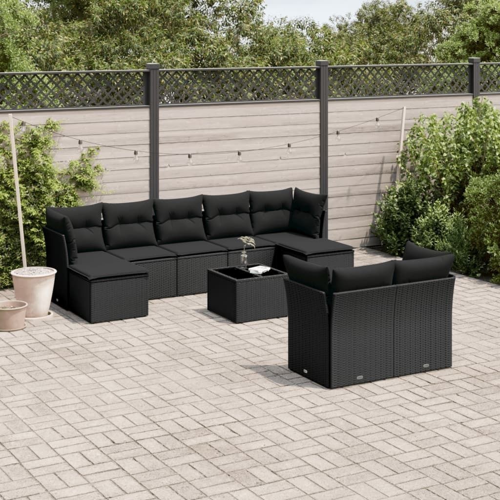 Design 10-tlg. Garten-Sofagarnitur mit Kissen Schwarz Poly Rattan, Gartenmöbel-Sets 2024 Neu
