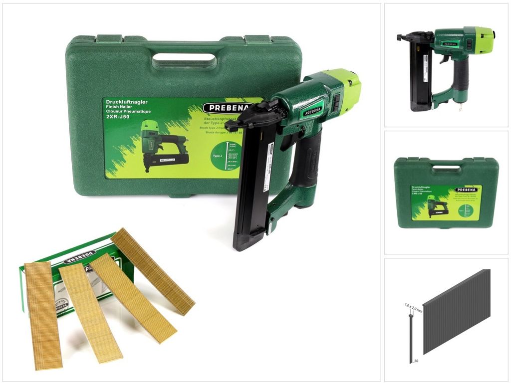 Prebena 2XR-J50 Druckluftnagler im Transportkoffer + 5000x Stauchkopfnägel Brads 30mm - aus verzinktem Stahl, geharzt