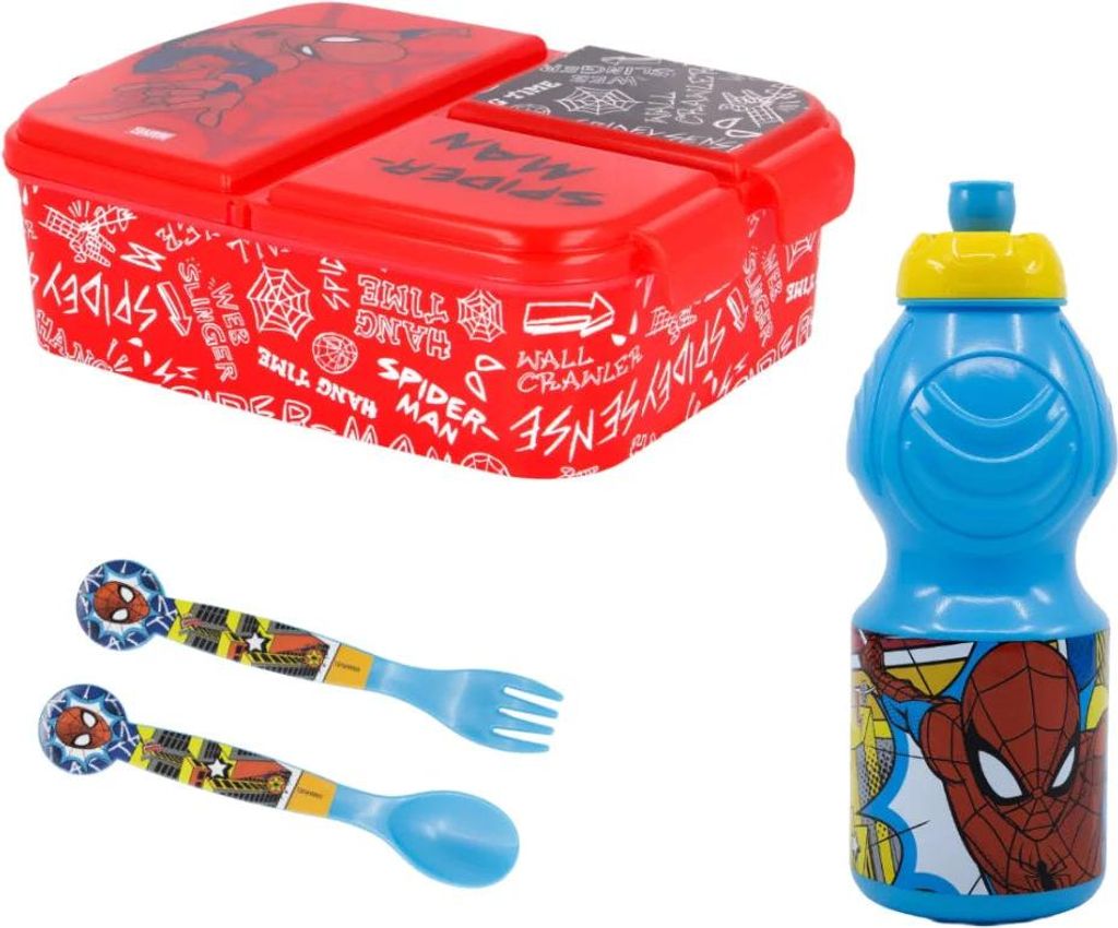 Marvel Spiderman 4 teiliges Set Lunchbox mit Trinkbecher und Besteck