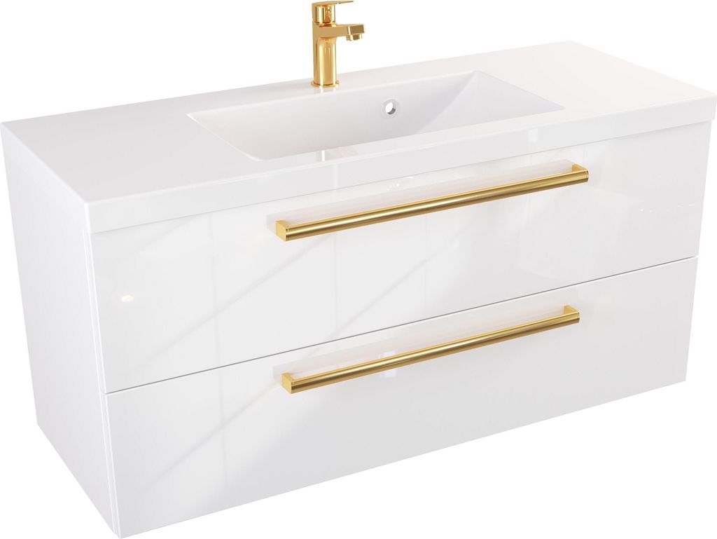 FURNI Waschtischunterschrank ATH 100 cm - Weiß Hochglanz - Hängender Badschrank mit Mineralguss-Waschbecken - Griffe - Vormontiert