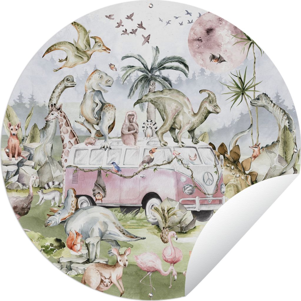 MuchoWow Gartenposter Outdoor-Poster Rund Dinosaurier - Kinder - Bus - Bäume - Tiere - Kinder Ø 90 cm Gartendeko Rundes Poster draußen