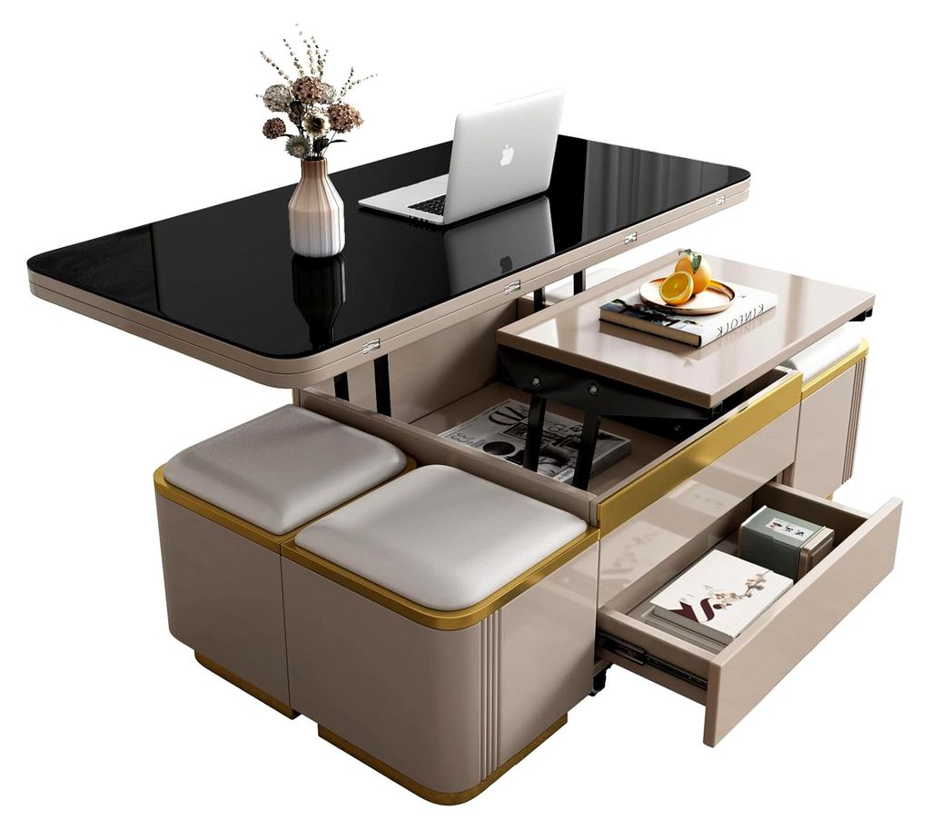 Höhenverstellbarer Multifunktionstisch mit Stauraum – Wohnzimmertisch, ausziehbarer Couchtisch mit Hockern, Lift-Top Design für Wohnzimmer und ...
