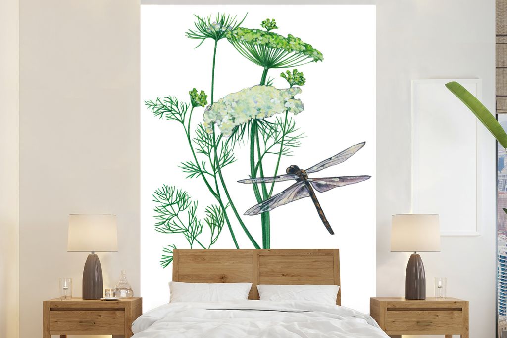 MuchoWow Fototapete für Wohnzimmer oder Schlafzimmer Wandtapete Vinyl Motivtapete Eine Illustration einer Libelle auf einer Pflanze - 155x240 cm...