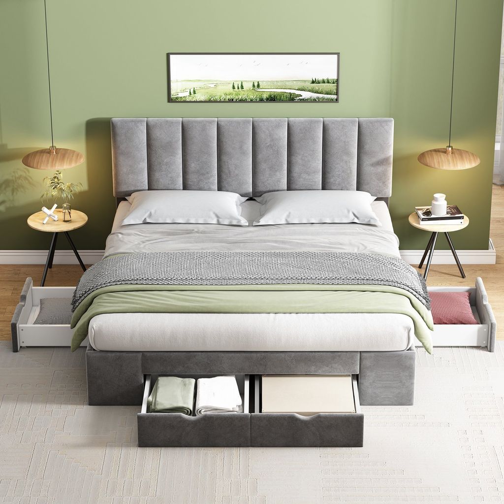 Grau 160x200 Polsterbett Samt mit Rückenlehne 4 Schubladen Stauraumbett (Ohne Matratze)