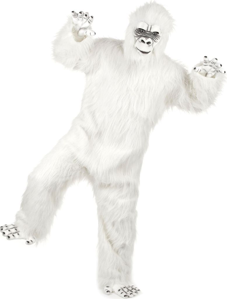 A person wearing a white yeti costume, posing against a white background.