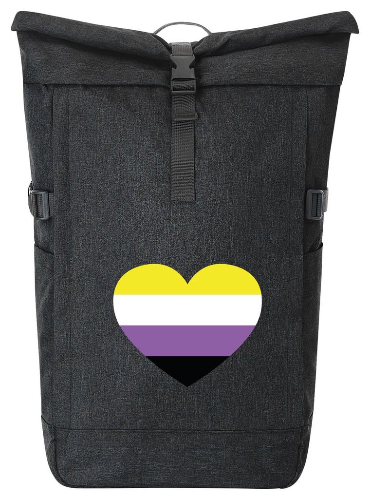 Huuraa Kurierrucksack Nonbinary Pride Flagge LGBTQ Herz 30-44 Liter Black Melange Fairtrade Rolltop Rucksack Geschenkidee