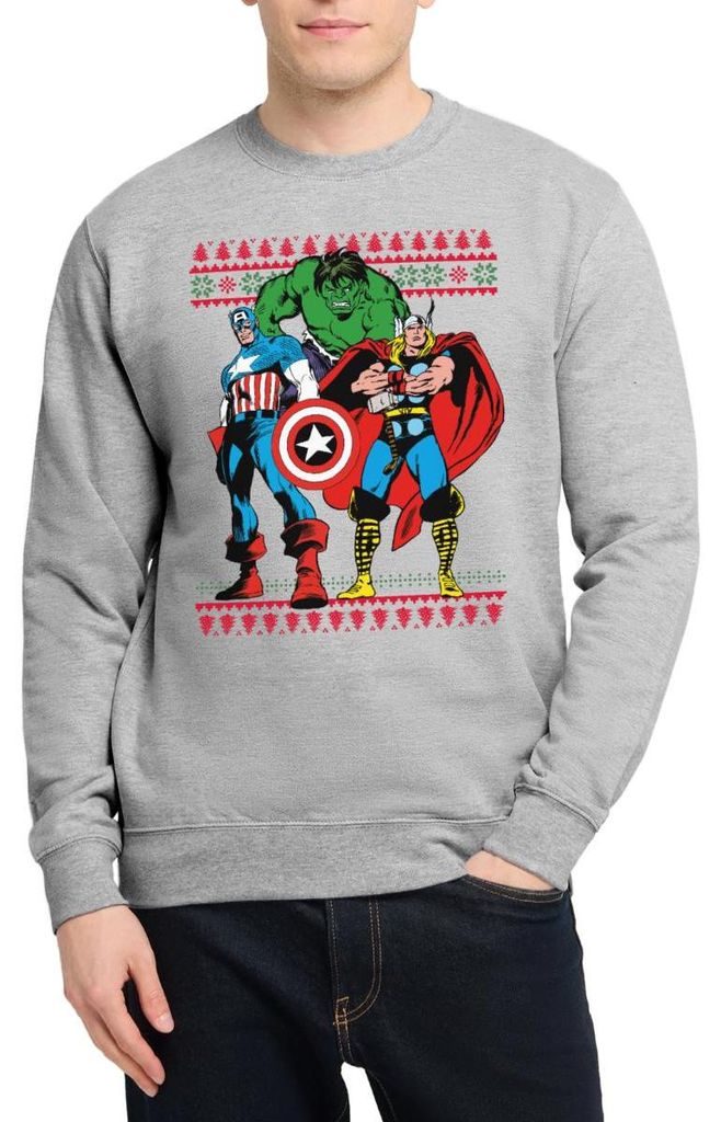 Spreadshirt Avengers Superhelden Ugly Christmas Uni Pullover, 3XL, Weißgrau meliert