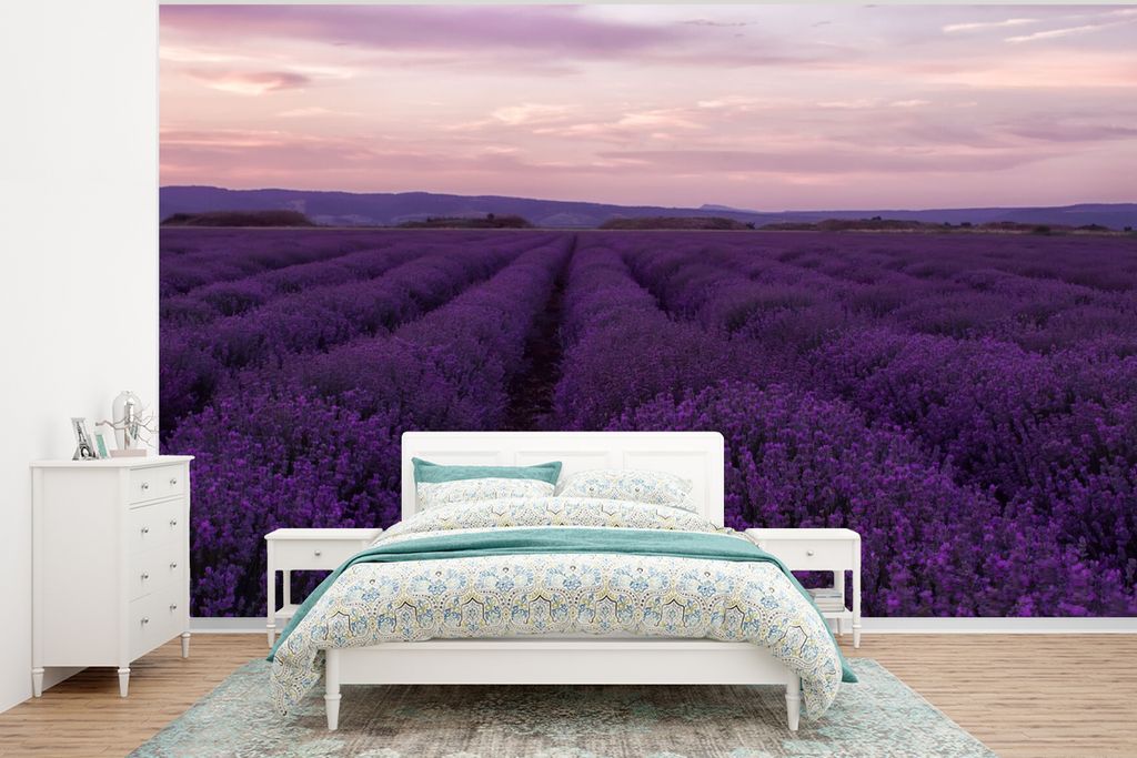 MuchoWow Fototapete für Wohnzimmer oder Schlafzimmer Wandtapete Vinyl Motivtapete Lavendel - Lila - Blumen - Natur - 400x300 cm - Papiertapeten