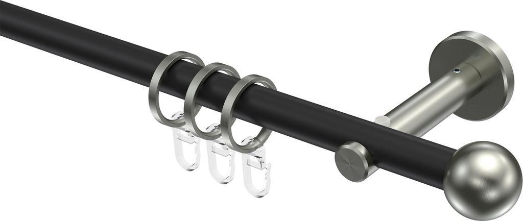 Interdeco Gardinenstange / Vorhangstange Schwarz / Edelstahl-Optik, Typ Medium Puros (Kugel), 16 mm Ø 1-läufig, 160 cm