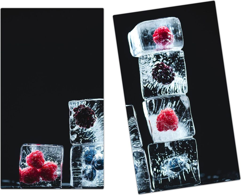 Spritzschutz Herdabdeckplatte Schneidebrett aus Glas Beeren in Eiswürfel 2-Teilig (60x52cm)