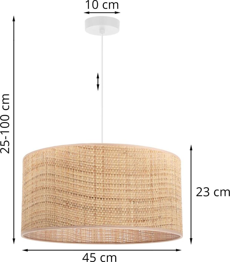 A rattan pendant lamp with dimensions indicated.
