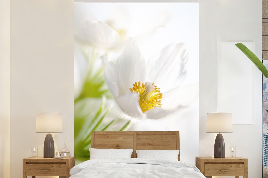 MuchoWow Fototapete für Wohnzimmer oder Schlafzimmer Wandtapete Vinyl Motivtapete Blumen - Weiß - Gelb - 180x280 cm - Wallpaper