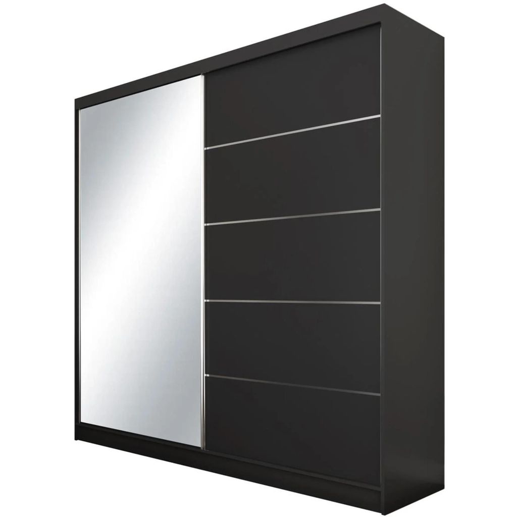 Schwebetürenschrank MARIKA II 200 cm – Kleiderschrank mit Schubladen, Spiegel & Schiebetüren (Schwarz)