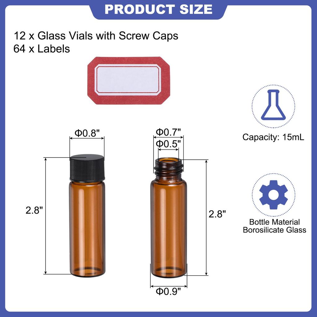 15ml Braune leere Glasfl?schchen, 12 Stš¹ck Probenfl?schchen mit Schraubverschluss und Beschriftungsfeld mit Etiketten Auslaufsichere Flš¹ssigk...