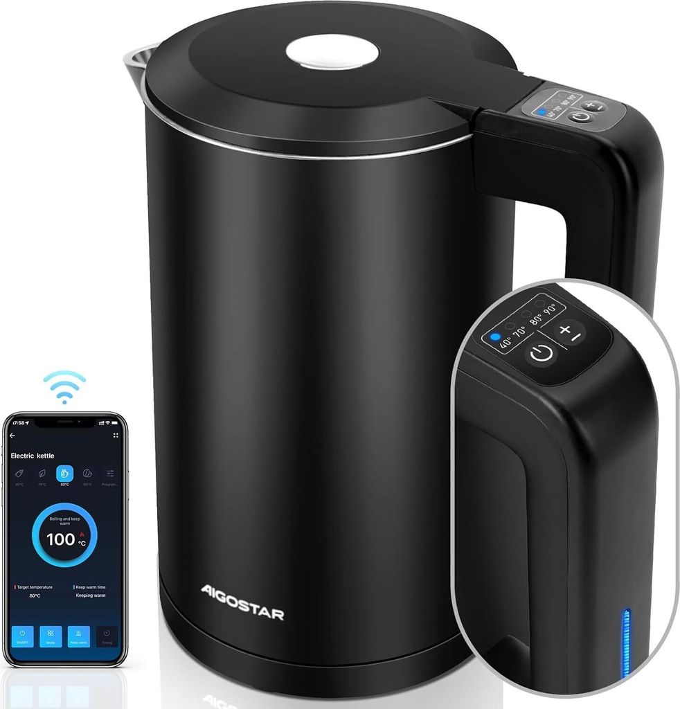 Smart Wasserkocher 1,7L Edelstahl mit Temperatureinstellung 40°C-100°C, WiFi Steuerung, Alexa-kompatibel, Leise, Kabellos, Warmhaltefunktion, Sch...