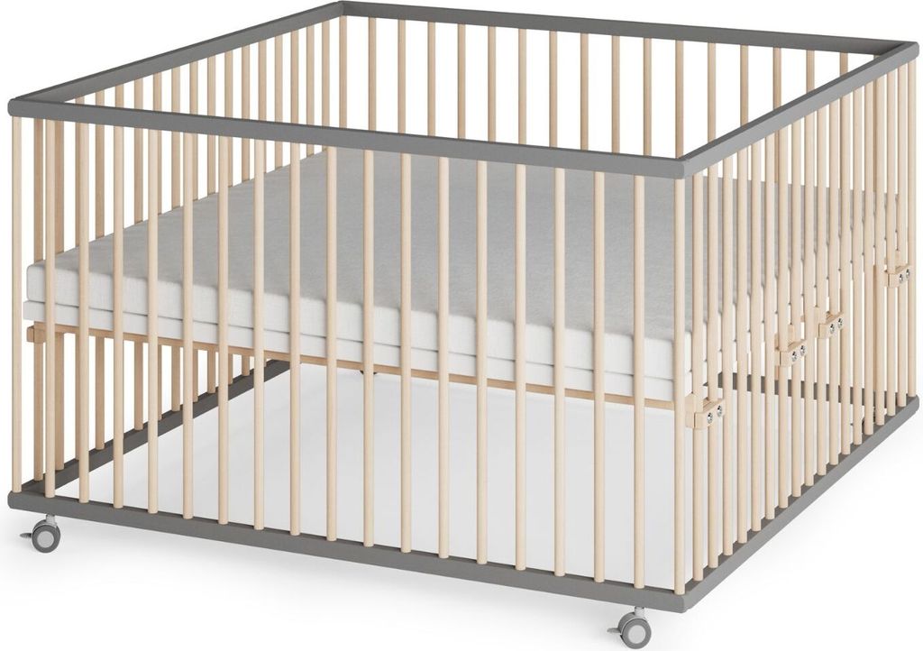 Laufgitter XXL 120x120 cm mit Matratze SleepPlus - grau/natur - Premium