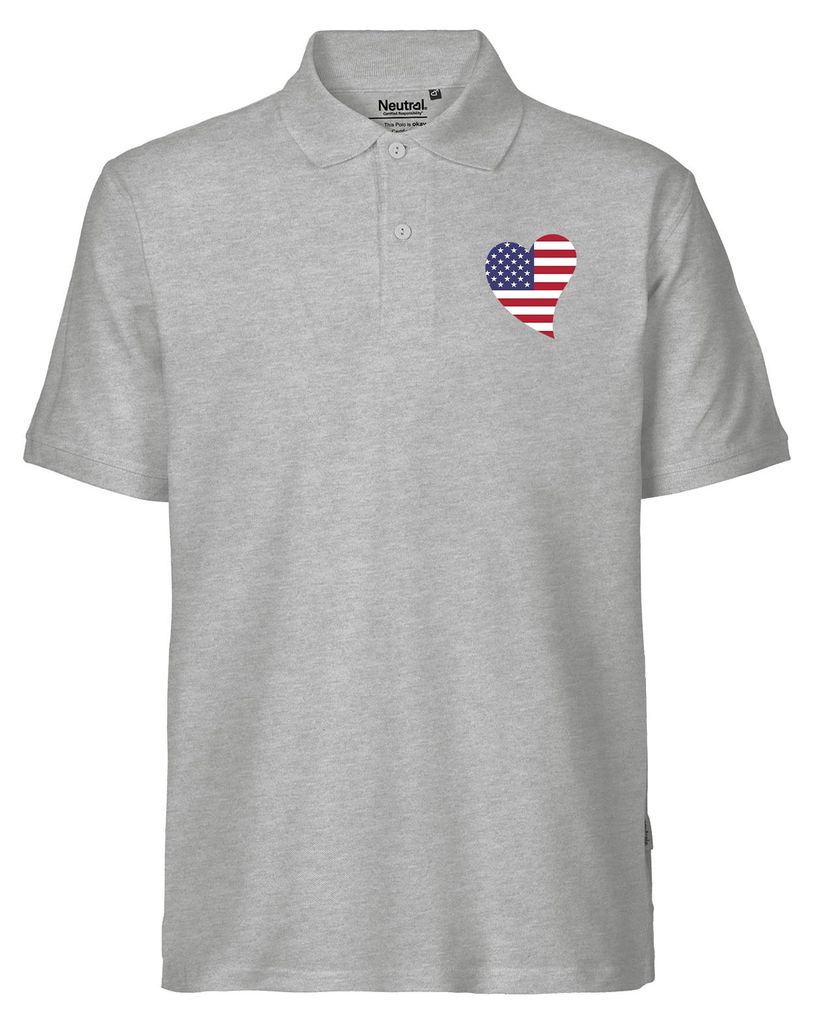 Huuraa Herren Polo Shirt USA Flagge Herz L Sport Grey Bio Baumwolle Fairtrade Poloshirt Geschenkidee