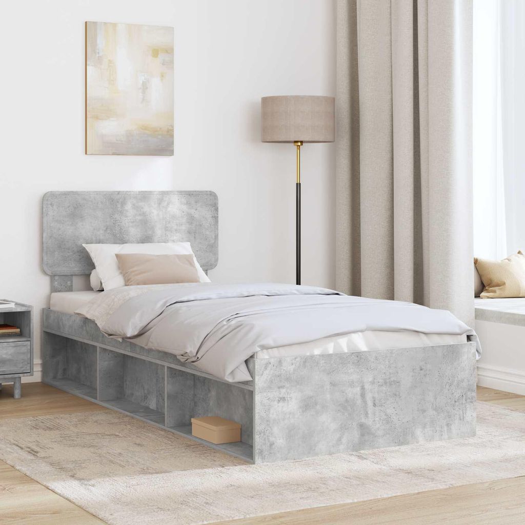 (Design 2026) Bettrahmen Beton Grau 75 x 190cm Massives Kiefernholz - HOMMIE 362611 - Klassische BettenJugendbett Tagesbett